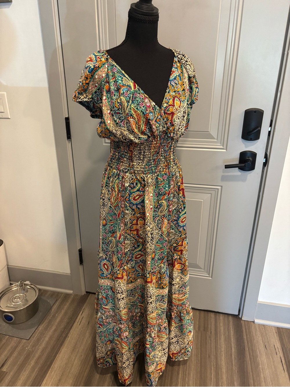 Paisley Print V-Neck Smocked Waist Maxi Dress in Multicolor